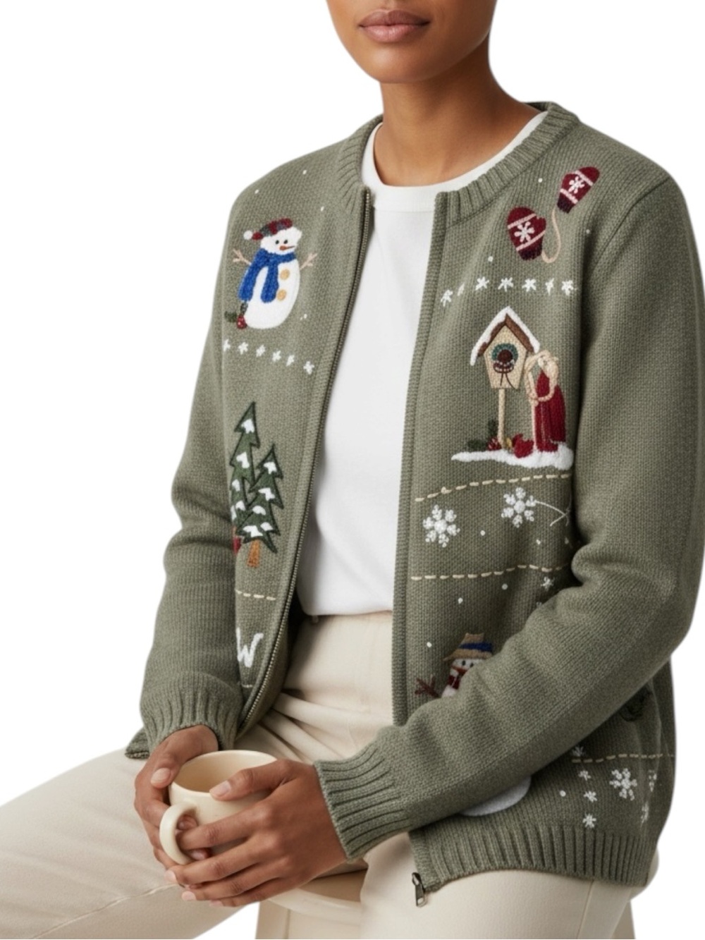 CROFT  & BARROW Green Knit Zip Christmas Sweater Size Small PETITE—ADORABLE!!!